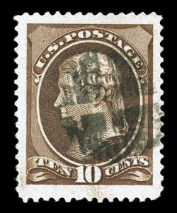 209, 10c Brown, stunning used single, possessing enormously large margins all around and being incredibly well centered within these vast borders, plus it color is strikingly
deep and luxuriant, intense impression, quartered cork cancel, extreme