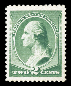 213, 2c Green, an eye-catching jumbo mint single, sporting enormously large margins all around and being extraordinarily well centered within them, strong rich color, o.g.,
lightly hinged, extremely fine an especially large-margined gem 2000 P