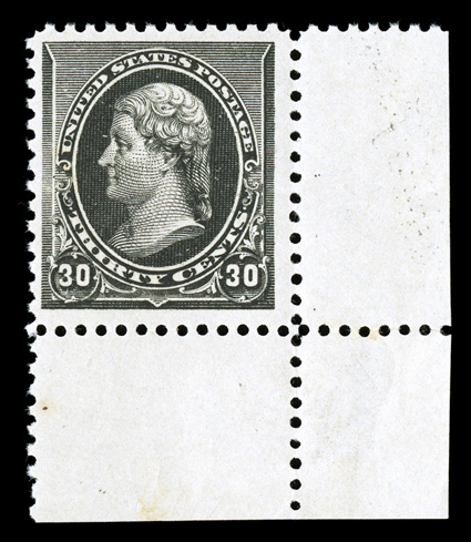 228, 30c Black, bottom right corner margin single, uncommonly bright and fresh, nicely centered within large margin, o.g., never hinged, very fine 2004 PSE certificate for a
block of four, this being the bottom right stamp.