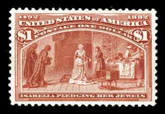241, $1.00 Columbian, beautifully centered within exceptionally large margins, rich bright color and a strong impression, slightly disturbed o.g., extremely fine 2002 PF
certificate.