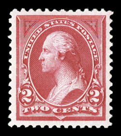 249, 2c Carmine lake, Ty. I, excellent centering within uncommonly large margins, strong color and impression, o.g., lightly hinged, extremely fine 1979 APS, 1992 and 2005 PF
certificates, as well as a 2005 PSE certificate (XF-Superb 95 OGph S