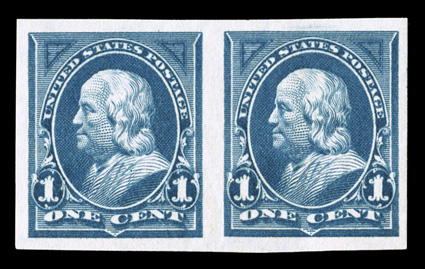 264a, 1c Blue, imperforate, horizontal pair, large even margins all around, deep rich color on fresh white paper, o.g., never hinged, extremely fine.