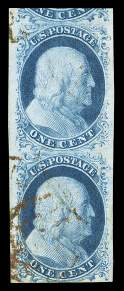 7, 1c Blue, Ty. II, an incredibly handsome used vertical pair, with absolutely huge margins on three sides, including a significant portion of the adjoining stamp at top, fourth
margin at bottom less lavish but still clear and ample, wonderfully