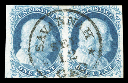 7, 1c Blue, Ty. II, horizontal pair, mostly large margins, barely touching at top of right stamp, bright Plate 1 Early color, wonderfully cancelled by a *Savannah* GaSep 12
c.d.s., very fine and attractive.