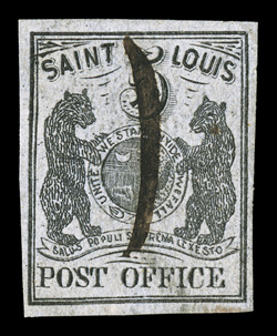 11X4, 5c Black on gray lilac, Type III, position 5, four large margins, fresh color and a strong detailed impression, single vertical pen-stroke cancel, extremely fine.The rartiy
of the Five Cent St. Louis Bear on Gray lilac paper is due to th