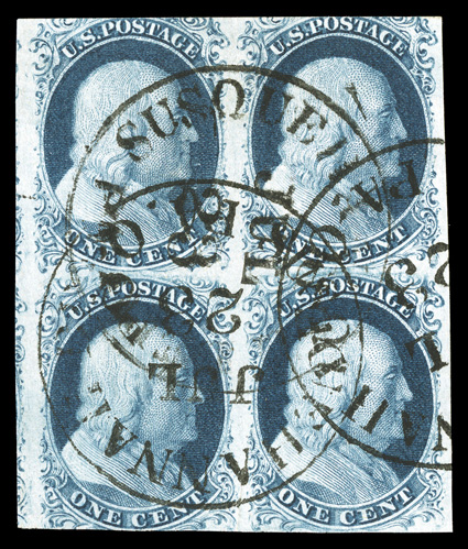 7, 1c Blue, Ty. II, scarce used block of four from Plate 2, wide side margins, just in at top and bottom, deeply rich color, neat Susquehannah, Pa. c.d.s. cancels, one stamp
with shallow thin, otherwise fine-very fine.