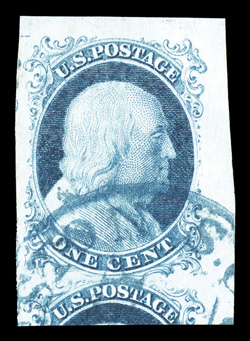 7 var., 1c Blue, Ty. II, Complete design at top,  position 10R1E, a breathtakingly beautiful used single of this rare and highly desirable variety, possessing absolutely
gigantic margins, including sheet margins at top and right, and a significa