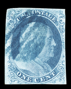 7 var., 1c Blue, Ty. II, double transfer, one inverted, position 71L1E, full margins, rich color, blue grid cancel, very fine an elusive plate variety, this copy has resided in
several important 1851 One Cent Blue collections 1987 PF certi