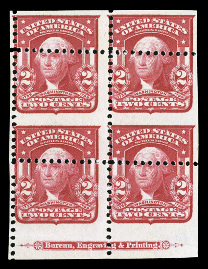 319 var., 2c Carmine, misplaced perforations, unused bottom margin imprint block of four, with horizontal perforations almost in the middle of the design, bright color,
horizontal printing crease in the bottom selvage, fine about as dramatic a
