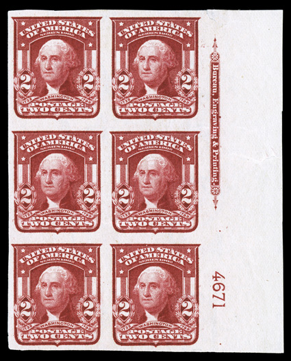 320a, 2c Lake, Ty. II, imperforate, full right margin imprint and plate no. 4671 block of six, large margins all around, deep rich color, o.g., lightly hinged, small tear in
edge of right sheet-margin selvage and a tiny margin thin, extremely fi