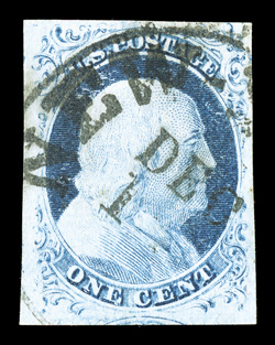 7 var., 1c Blue, Ty. II, plate One Late, position 4R1L, being the only position on the plate that was not recut, four large to huge margins, attractive color, c.d.s. town
cancel, extremely fine 1980 PF certificate ex-Koppersmith.