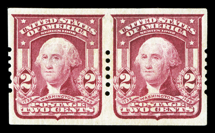 320, 2c Carmine imperforate, Schermack Ty. Ib perforations (six holes), pair, an exceedingly well centered and margined example of this rare coil, rich color, regummed over a
couple of small thin spots, extremely fine appearance 2003 PF certifi