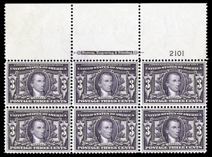 325, 3c Louisiana Purchase, full top margin imprint and plate no. 2101 block of six, deep color, o.g., never hinged, a couple faint fingerprints on gum, fine-very
fine.