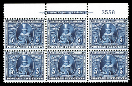 330, 5c Jamestown, unusually fresh top margin imprint and plate no. 3556 block of six, rich luxuriant color on brilliantly white paper, o.g., never hinged, a few reinforced
perfs. in the left column, fine.