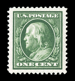 331, 1c Green, a phenomenal mint example, possessing absolutely gigantic margins all around and being perfectly centered within these extraordinary borders, sumptuously rich
color and a crisp impression on brilliantly fresh paper, o.g., never hi