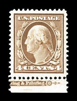 334, 4c Orange brown, a superb bottom sheet-margin partial imprint single, possessing huge margins all around and being perfectly centered within them, rich color and an
uncommonly detailed impression, o.g., n.h., an extremely fine jumbo 1990 P