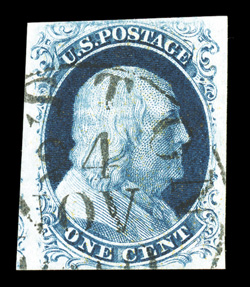 7 var., 1c Blue, Ty. II, Plate 3, an eye-arresting used single that possesses the deepest color and most intense impression we have ever seen, its color being a sensational
Prussian Blue shade, while its impression is beyond prooflike, large m