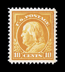 416, 10c Orange yellow, gem mint single that is exceedingly well centered within lavishly large margins, deep radiant color, unblemished o.g., never hinged, extremely fine 2008
PSE certificate (XF-Superb 95 SMQ $960.00).
