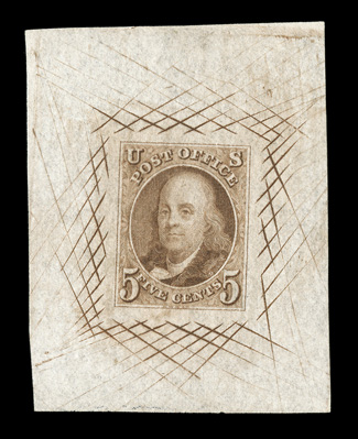 1P1a, 5c Red brown, large die proof on white bond, large size measuring 42x55mm with full cross-hatching, fresh and extremely fine.