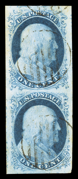 7-8A, 1c Blue, combination Ty. II-IIIa, a stunning used combination vertical pair, the top stamp being Ty. II, the bottom stamp Ty.IIIa with a wide break at top, enormously
large margins all around, beautiful color that is exceedingly bright and