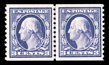 445, 3c Violet flat plate coil, perf. 10 vert., guide line pair, unusually well centered, brilliant clean color with a highly detailed impression, o.g., lightly hinged,
extremely fine a scarce line pair 1996 PF certificate.