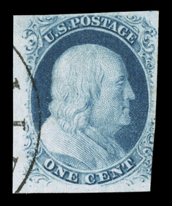 8 var., 1c Blue, Ty. III, position 99R2, three large margins that clearly show the extra-large breaks at top and bottom, slightly into the design at bottom right, rich color and
a detailed impression, light face-free town cancel, mild crease, ot