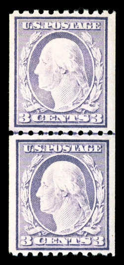 489, 3c Violet coil, perf. 10 horiz., an especially desirable joint line pair, remarkably well centered within large margins, warm color, o.g., never hinged., extremely fine
2004 PSE certificate and a 2006 PSE certificate (XF-Superb 95 SMQ $36
