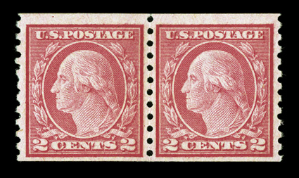 491, 2c Carmine coil, Ty. II, perf. 10 vert., attractive mint pair of this coil rarity, being uncommonly well centered and margined, lovely fresh color in the characteristic
genuine shade, o.g., lightly hinged, very fine 1975 PF certificate.