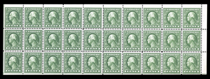 498f, 1c Green A.E.F. booklet pane of thirty, position W6, an especially choice and intact example of this rare booklet pane, being from a particularly elusive position on the
sheet, unusually well centered, pristine o.g., n.h., very fine seldo