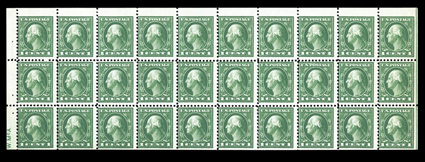498f, 1c Green A.E.F. booklet pane of thirty, position W11, with guide line at right and siderographers initials at bottom left, deep intense color, o.g., never hinged, small
corner crease at top left ending in a tear, fine appearance one of t