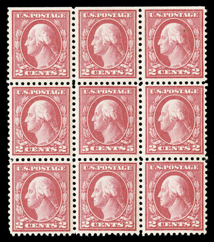 505, 5c Rose error, single error in a block of nine, bright and fresh, error stamp never hinged, top right (2c) stamp with picked-out inclusion, very fine.