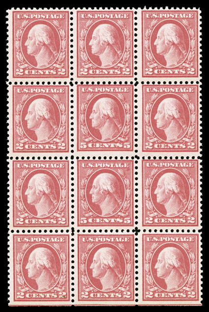 505, 5c Rose error, double error in a block of twelve, bright color, o.g., never hinged, a couple natural inclusions affect 2c stamps only, fine.