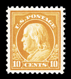 510, 10c Orange yellow, extraordinarily well centered within large balanced margins, deep vibrant color and a well incised impression, flawless o.g., never hinged, an extremely
fine gem 2006 PSE certificate (XF-Superb 95 SMQ $325.00).