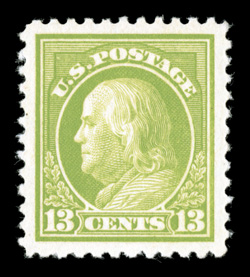 513, 13c Apple green, wonderfully well centered within lavishly large margins, brilliantly rich color and a clean impression, immaculate o.g., never hinged, an extremely fine
gem 1988 PF certificate and a 2007 PSE certificate (XF-Superb 95 Jumb