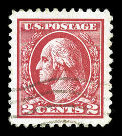 528B, 2c Carmine offset, Ty. VII, a spectacular used example that sports incredibly large margins all around and is marvelously well centered within these huge borders, bright
color, light machine cancel, an extremely fine large-margined gem 20
