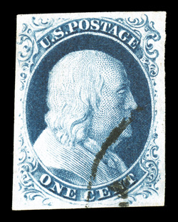 8A, 1c Blue, Ty. IIIa, an extraordinarily choice used example of this elusive stamp, featuring four uniformly large and balanced margins, plus its color is a remarkably intense
rich shade, with a strong impression which shows a large break in th