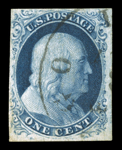 8A, 1c Blue, Ty. IIIa, used, full to large margins around except barely touching the design at top of the left side, deep color and a strong impression, light town c.d.s., very
fine 2009 PSE certificate (F-VF 75 SMQ not priced in this grade).