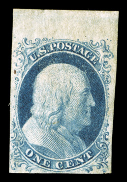 9, 1c Blue, Ty. IV, position 6R1L, which is the recut of Type Ib, full margins including a large sheet margin at top, strong color and impression showing the Ty. 1b
characteristics exceptionally well, full but slightly glazed o.g., insignificant