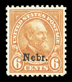 675, 6c Nebr. ovpt., gem mint single that is remarkably well centered within much larger margins than typically found on this issue, bright and fresh, pristine o.g., never
hinged, extremely fine an especially choice and desirable example 200