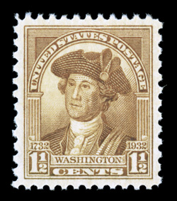 706, 1½c Washington Bicentennial, mathematically precise centering, fresh color, o.g., n.h., superb 2008 PSE certificate (Gem 100 SMQ $700.00) one of only two examples to
receive this illustrious grade, the highest in the PSE population rep
