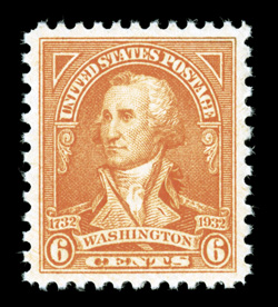 711, 6c Washington Bicentennial, perfectly centered, brilliantly rich color, o.g., n.h., superb 2008 PSE certificate (Gem 100 SMQ $670.00) this is the highest grade the PSE has
awarded this stamp, being one of only three to receive the pres