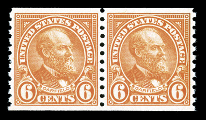723, 6c Deep orange, perfect mint pair, featuring mathematically precise centering, radiant color, o.g., n.h., superb gem 2008 PSE certificate (Gem 100 SMQ $640.00) this is the
sole 723 pair to be given the esteemed Gem 100 designation by th