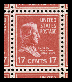 822, 17c Rose red, spectacular mint single, not only perfectly centered, but evenly cut outside the perfs. so that portions of all eight adjoining stamps are present, deep
vibrant color, o.g., n.h., superb gem 2008 PSE certificate (Gem 100 SMQ