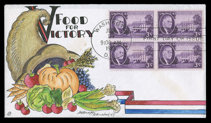 932, 3c Franklin D. Roosevelt tied to unaddressed first day cover with beautiful Food for Victory design, which is especially colorful and intricate, very
fine.