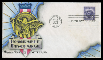 940, 3c Veterans of World War II, tied to unaddressed first day cover with multicolored handpainted Honorable Discharge design, very fine.