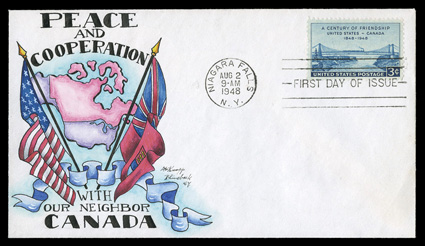 961, 3c U.S.-Canada Friendship, tied to unaddressed first day cover with Peace and Cooperation red, white and blue design, exceptionally fresh, very fine.