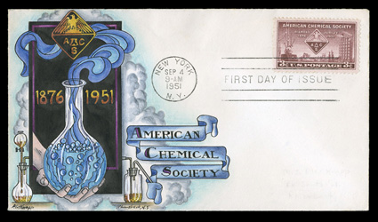 1002, 3c American Chemical Society, tied to first day cover with lightly erased pencil address, with an especially intricate and multi-colored hand-painted design, very fine
and most attractive.