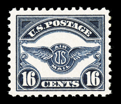 C5, 16c Dark blue, exceptionally well centered within larger margins than typically seen, intense rich color on fresh white paper, o.g., never hinged, extremely fine 1989 PF
certificate for a block of four, this being the top right stamp.