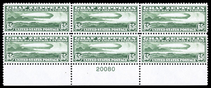 C13, 65c Graf Zeppelin, attractive bottom margin plate no. 20080 block of six, bright color, well centered, o.g., never hinged a few small gum skips as usual, very
fine.