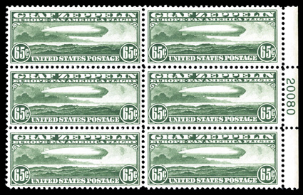 C13, 65c Graf Zeppelin, right margin plate no. 20080 block of six, well centered, strong color, o.g., never hinged, very fine.